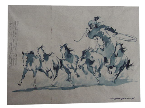 Watercolor painting:  Horseman with urga, ref. PAI-08-01-010