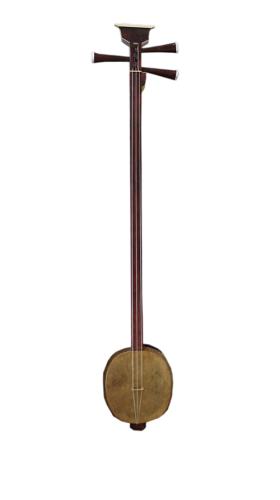 Shanz made of tropical red wood with ivory decorations. Panel covered with leather skin. 2 strings made of casings.