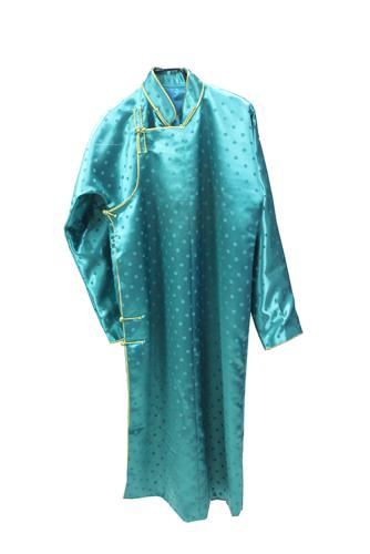 Women's deel made of 100% cotton. Embroidered with silk trimming. Traditional fabric buttons made of silk. Cotton lining. Dry cleaning only.