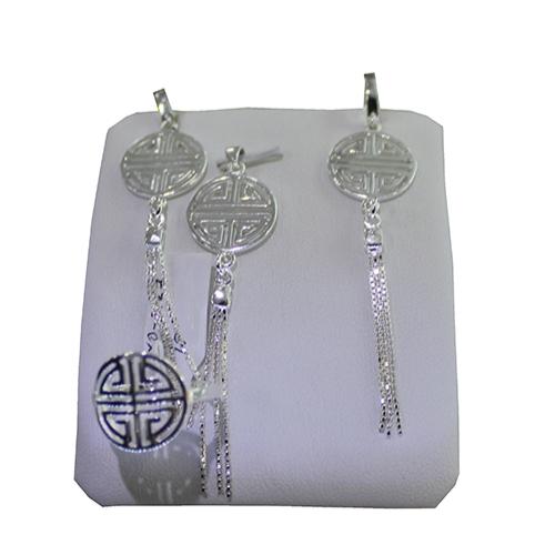 Set of earrings, ring and pendant with traditional Mongolian pattern symbolizing long life, happiness, infinite movement, Material: silver