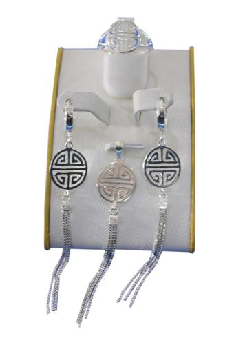Mongolian traditional set of silver earrings, ring and pendant